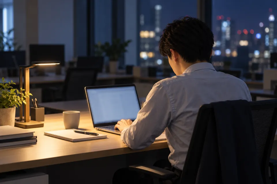 夜のオフィスでノートパソコンに向かう会社員の後ろ姿