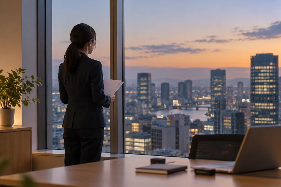 夕暮れの街を見下ろすオフィスの窓際で、資料を手にした会社員の後ろ姿
