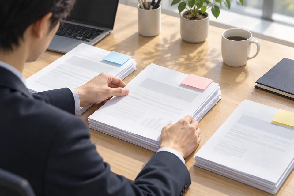 机の上で書類を重要なものから順に並べ替える会社員の手元