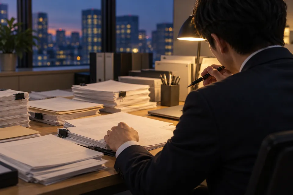 夕方のオフィスで、机に広がった書類とメールの束を前に手を止めて考える会社員の手元