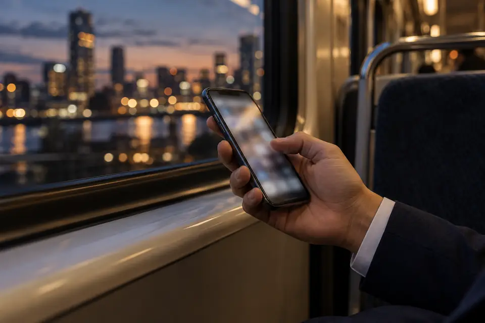 夕方の電車の窓際で、スーツ姿の人がスマートフォンを持っている写真。